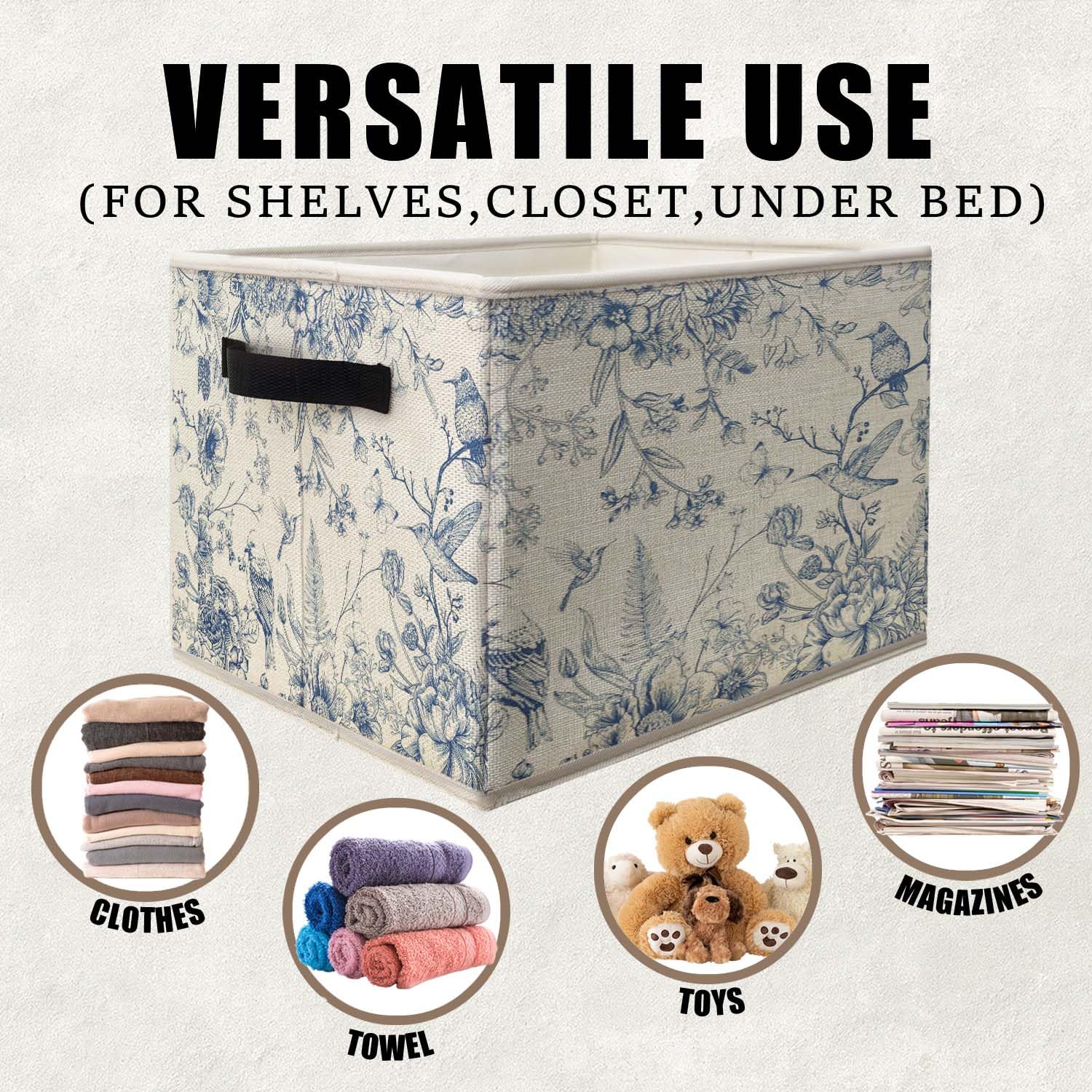 Likjad blue-white chinoiserie storage bin fabric texture close-up showing durable cotton-linen exterior.