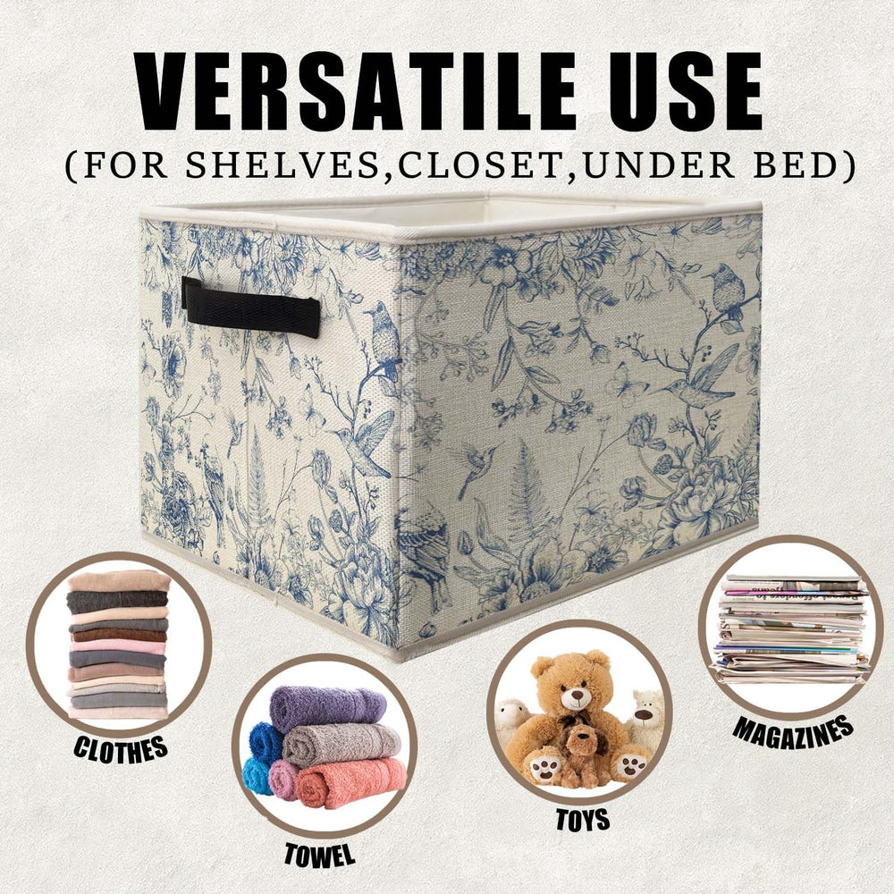 Likjad blue-white chinoiserie storage bin fabric texture close-up showing durable cotton-linen exterior.