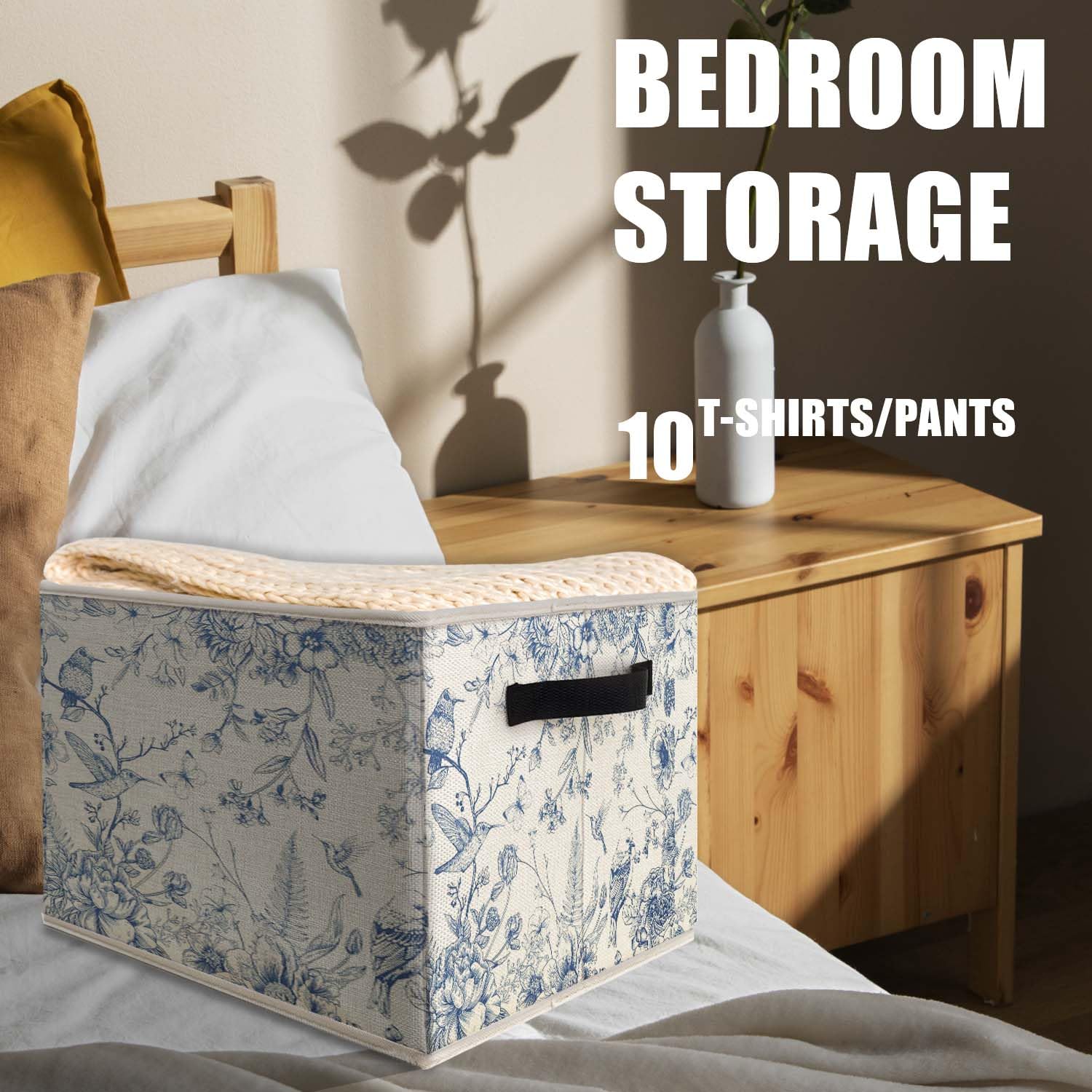 Likjad blue-white chinoiserie storage bin folded-flat demonstrates compact storage when not in use.