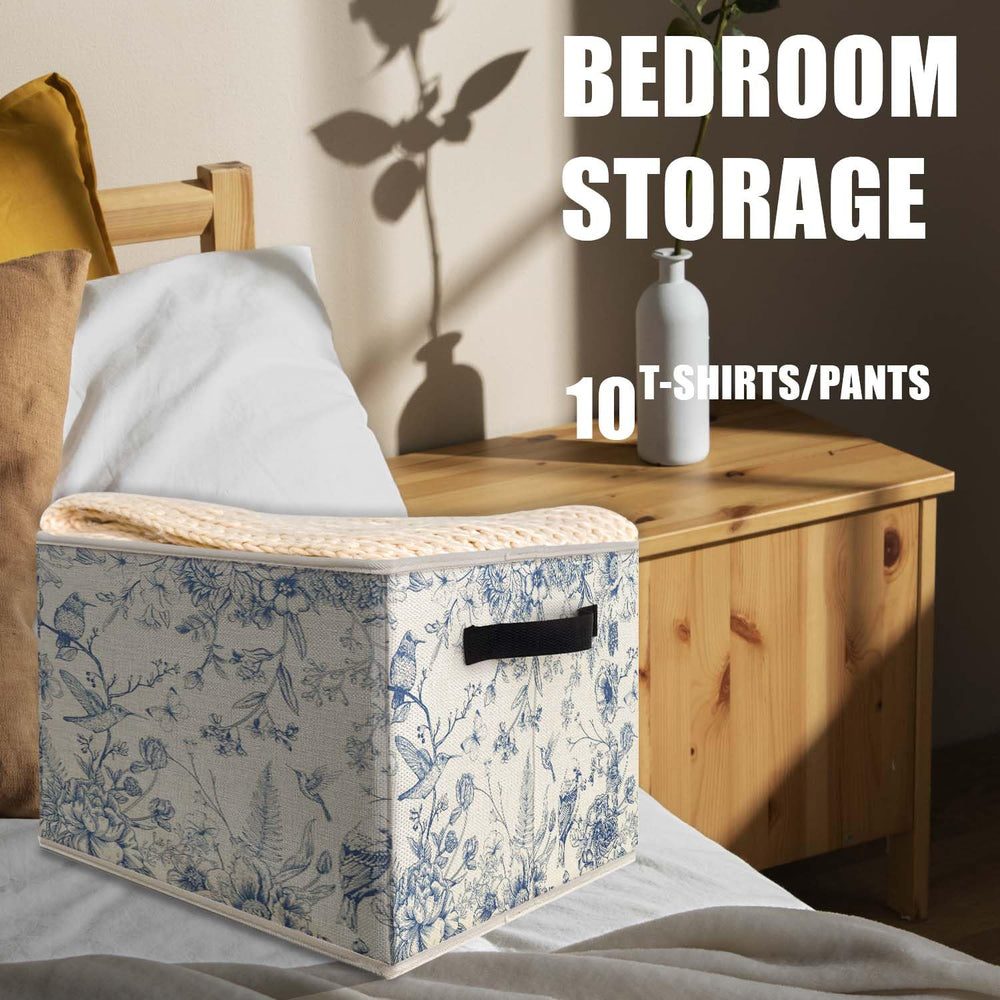 Likjad blue-white chinoiserie storage bin folded-flat demonstrates compact storage when not in use.