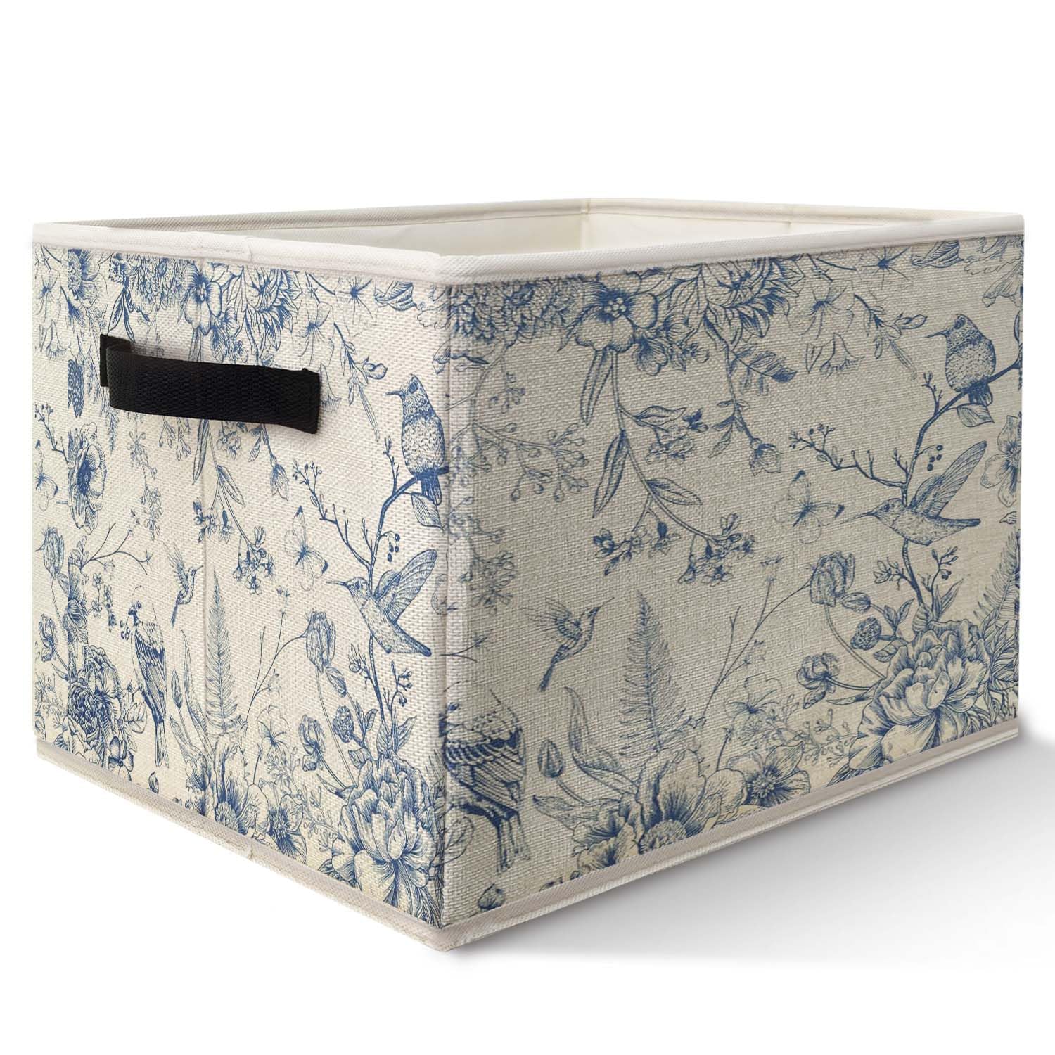 Likjad blue-white chinoiserie storage bin front view for stylish shelf organization and decor.