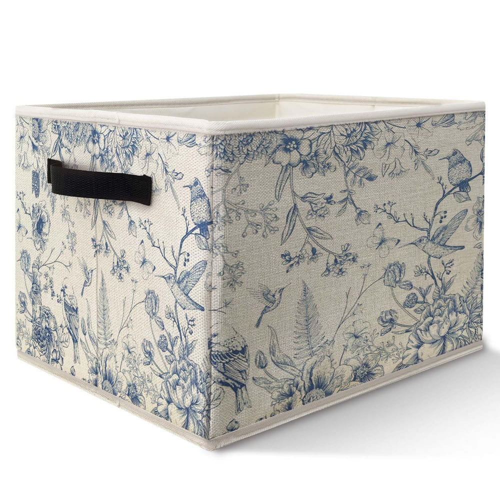 Likjad blue-white chinoiserie storage bin front view for stylish shelf organization and decor.