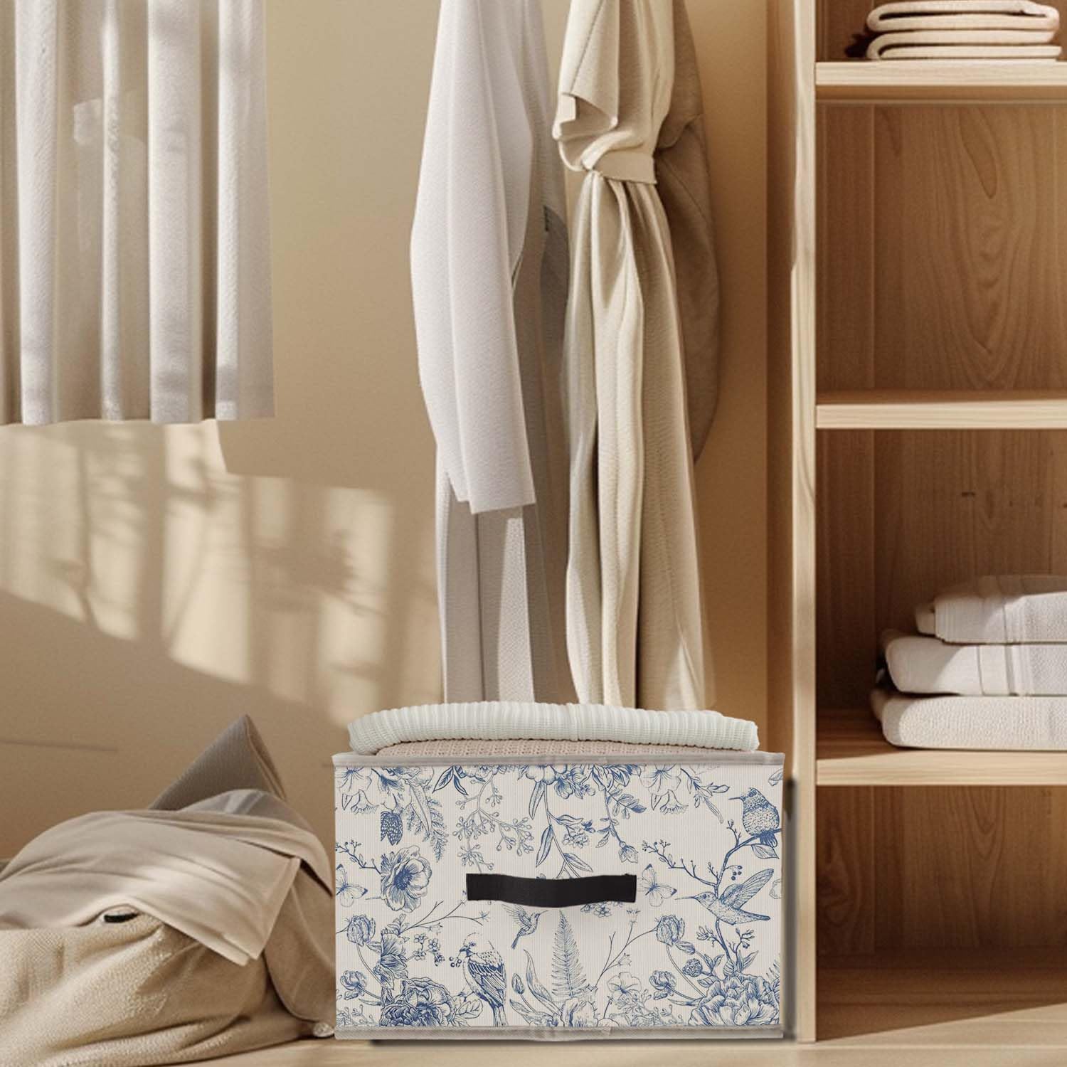 Likjad blue-white chinoiserie storage bin open-lid view with easy-access daily essentials.