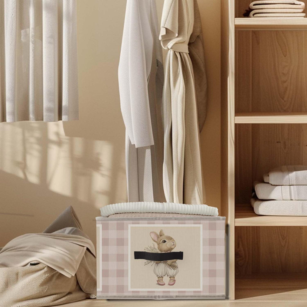 Likjad Bunny Storage Bin front view reveals rustic checkered design that suits a girl's room.