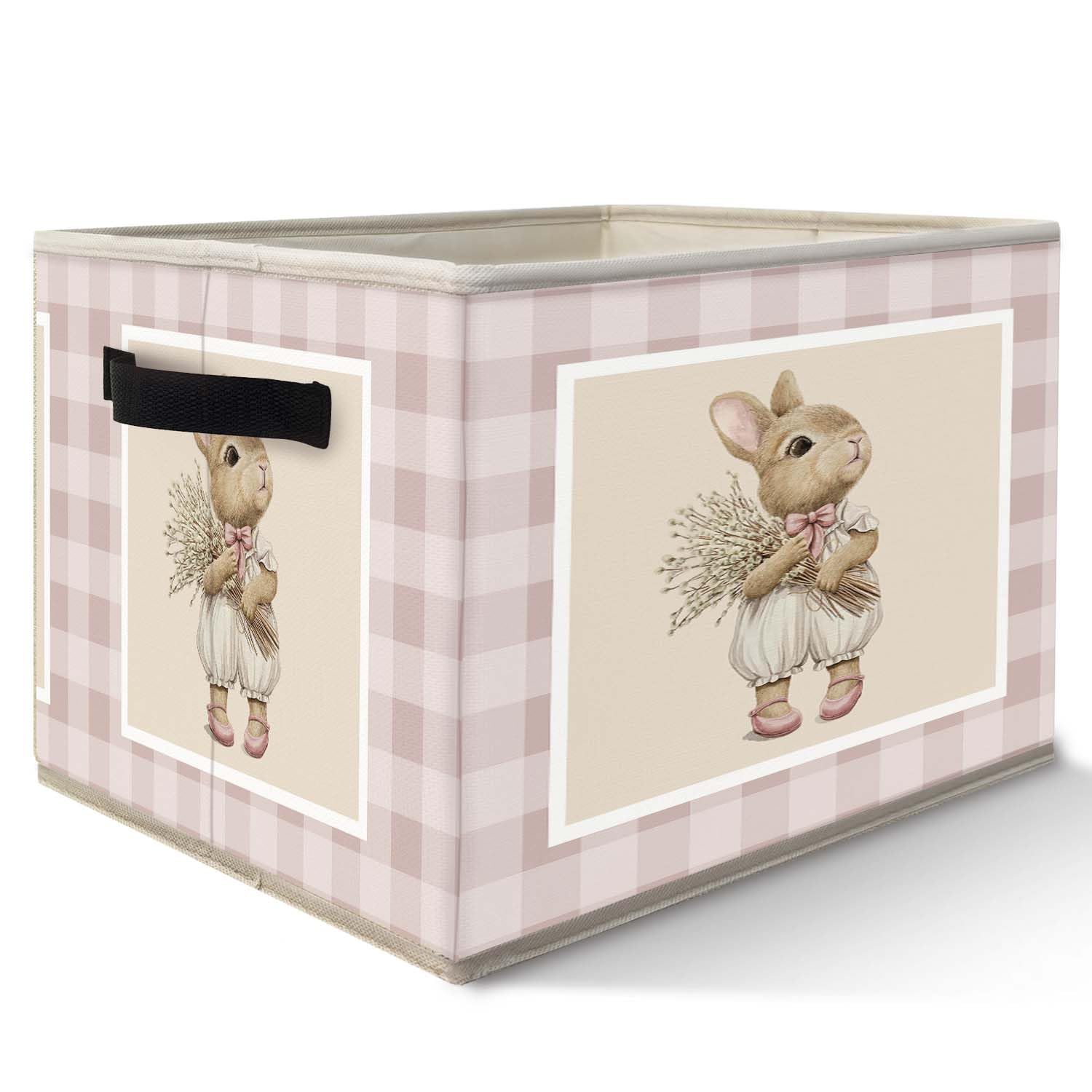 Likjad Bunny Nursery Storage Bin closeup shows sturdy cotton-linen fabric for durable organization.
