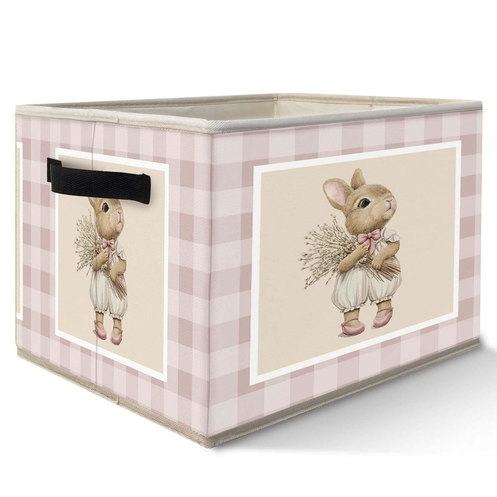 Likjad Bunny Nursery Storage Bin closeup shows sturdy cotton-linen fabric for durable organization.