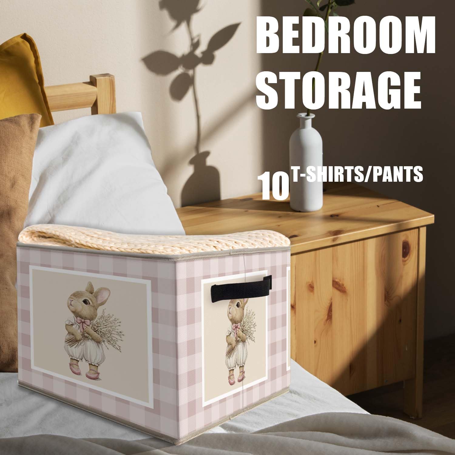 Likjad Bunny Storage Bin in a bedroom demonstrates organized toys and books.