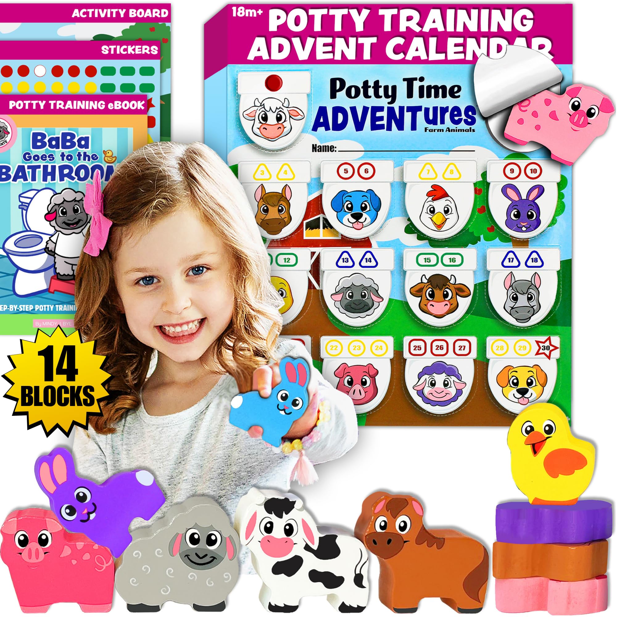LIL ADVENTS 14pc wooden stacking blocks farm animals for cooperative play and fine motor practice.
