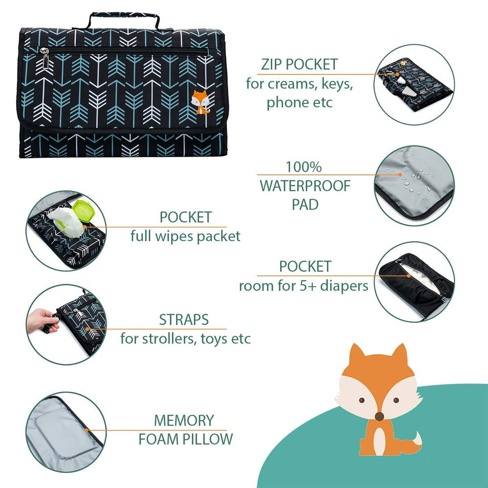 Lil Fox change pad holds at least five diapers for quick changes.