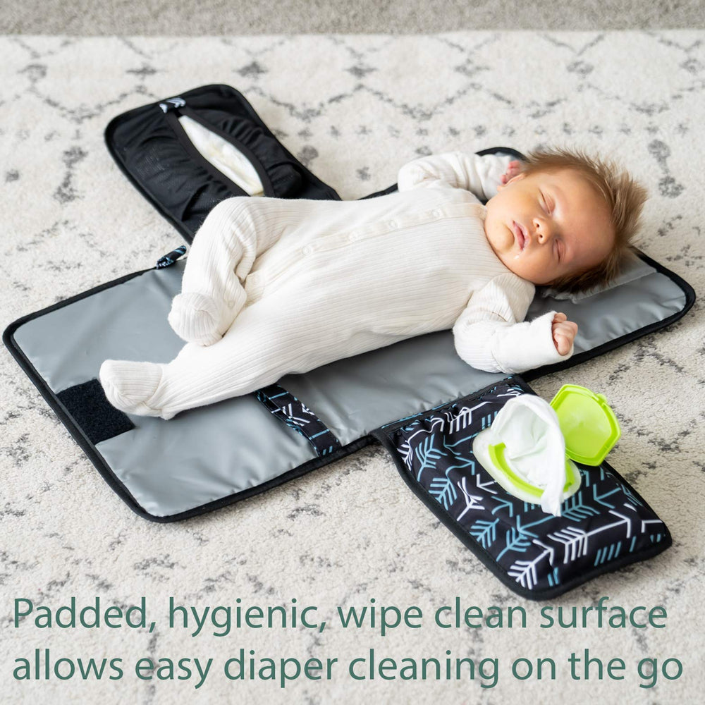 Lil Fox change pad with 100-pack wipes pocket keeps wipes within reach during diaper changes.
