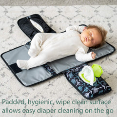 Lil Fox change pad with 100-pack wipes pocket keeps wipes within reach during diaper changes.