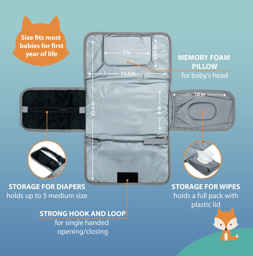 Lil Fox changing pad folded compactly fits inside a diaper bag.