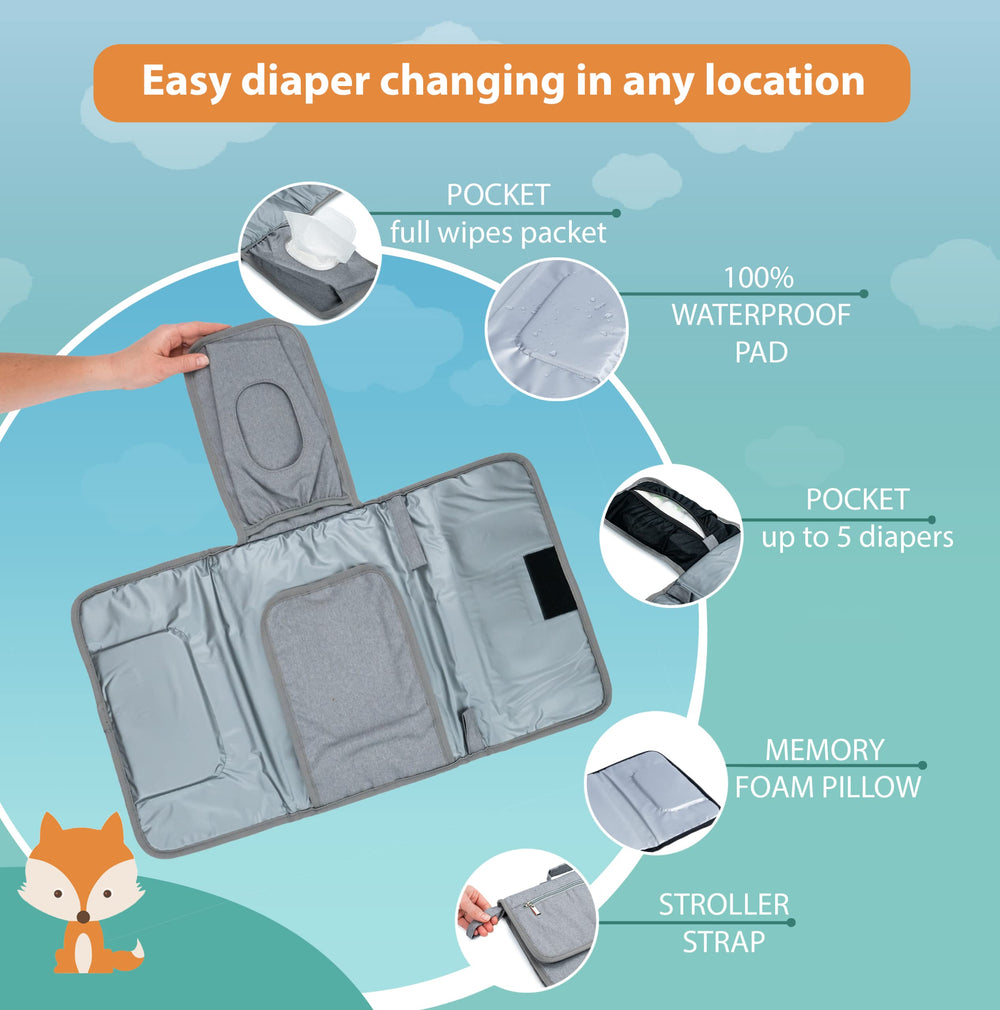 Lil Fox changing pad memory foam head pillow adds gentle support during changes.