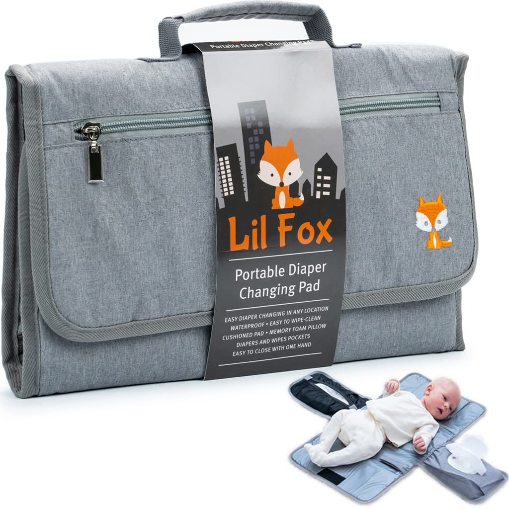 Lil Fox changing pad with open wipes pocket enables quick, one-handed diaper changes.