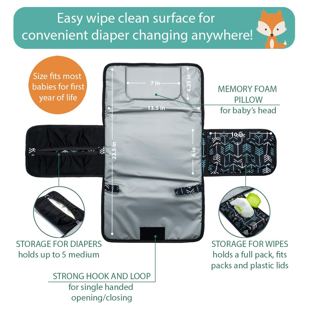 Lil Fox padded surface with memory foam head pillow cradles baby comfortably.