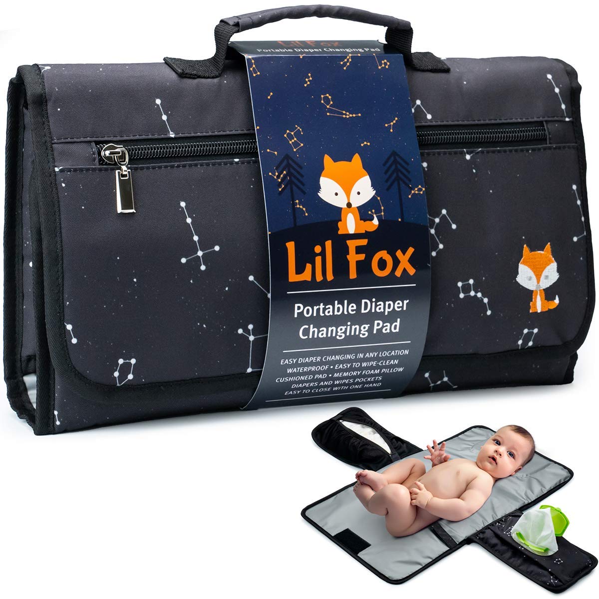Lil Fox portable changing pad folded for easy storage in a diaper bag