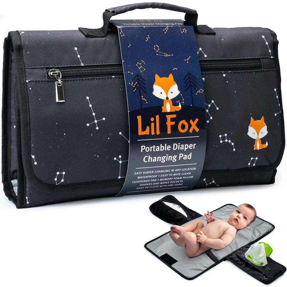 Lil Fox portable changing pad folded for easy storage in a diaper bag