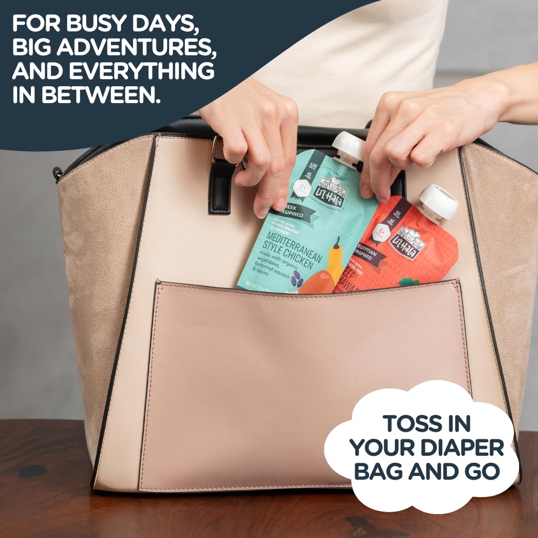 Li'l Hala BPA-free pouch emphasizes safe, mess-free feeding anywhere.