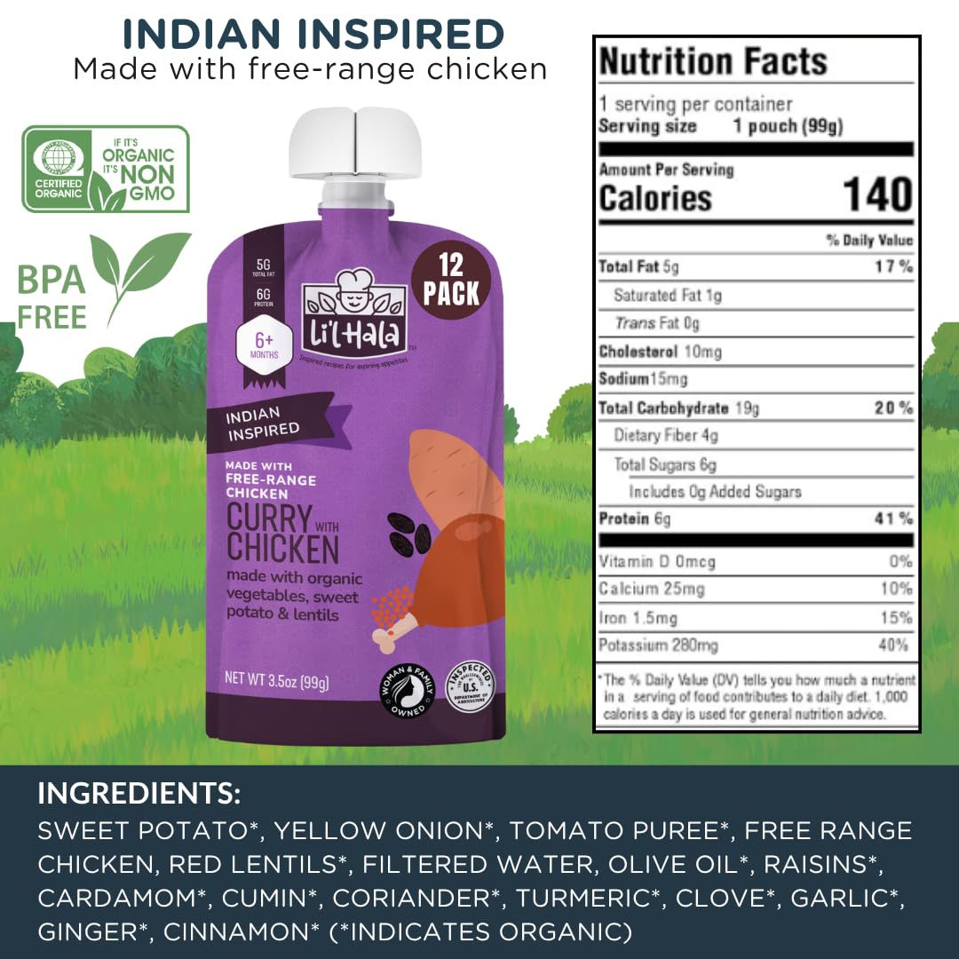 Li'l Hala chicken curry pouch ingredients depict free-range chicken and organic vegetables.