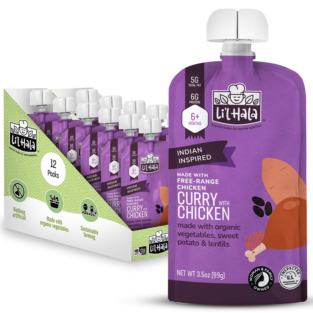 Li'l Hala chicken curry pouch packaging highlights convenient, mess-free toddler meals on the go.
