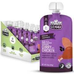 Li'l Hala chicken curry pouch packaging highlights convenient, mess-free toddler meals on the go.