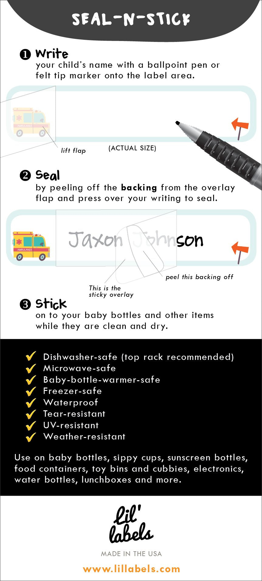 Lil' Labels dishwasher-safe bottle labels withstand top-rack cleaning
