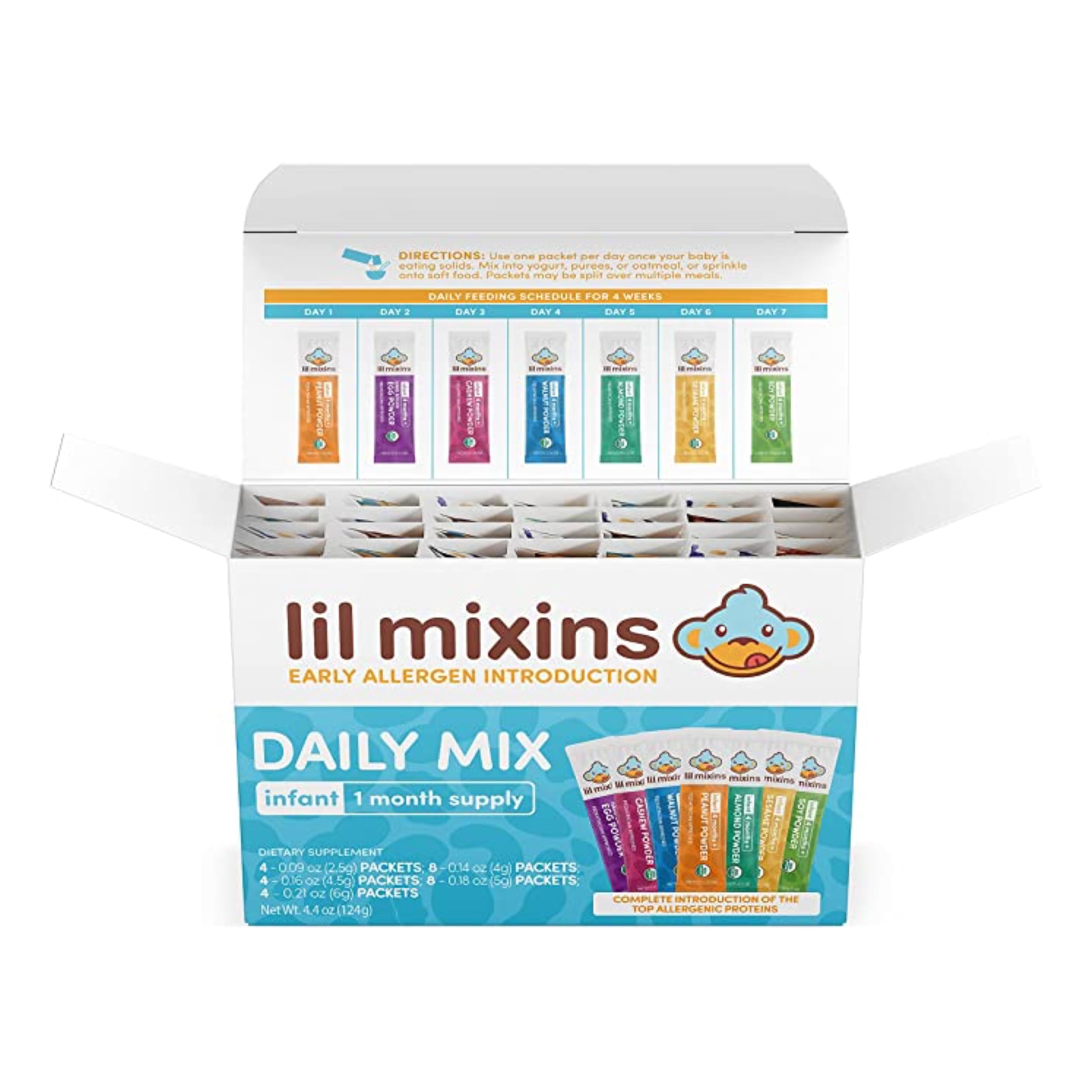 Lil Mixins early introduction packaging shown for safe allergen steps.