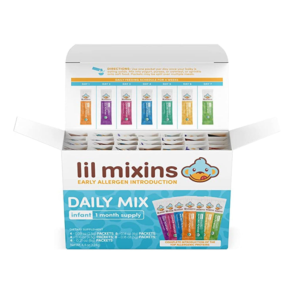 Lil Mixins early introduction packaging shown for safe allergen steps.