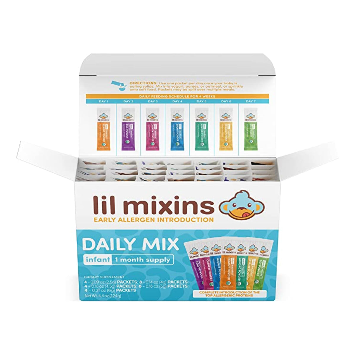 Lil Mixins early introduction packaging shown for safe allergen steps.