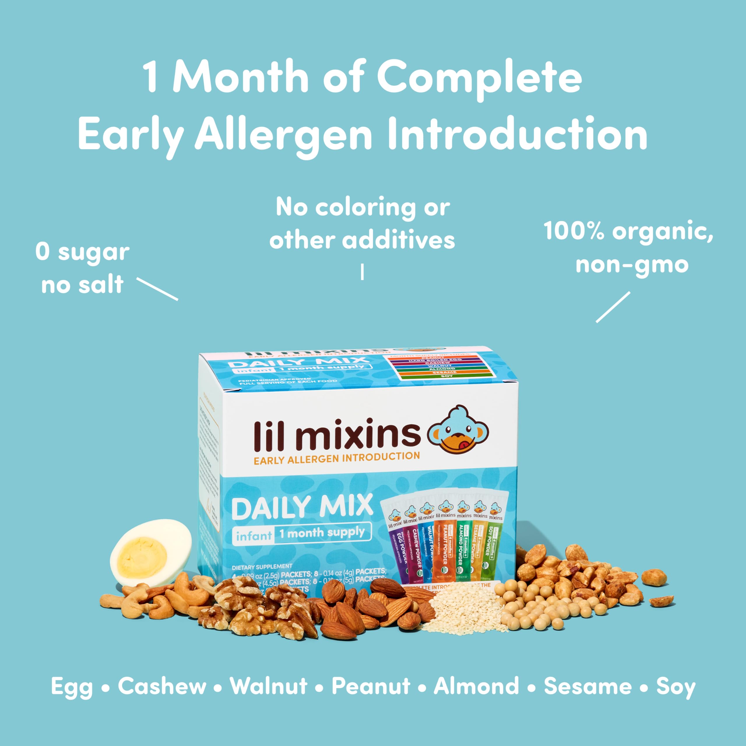 Lil Mixins allergen-separated packets illustrate single-allergen introduction.