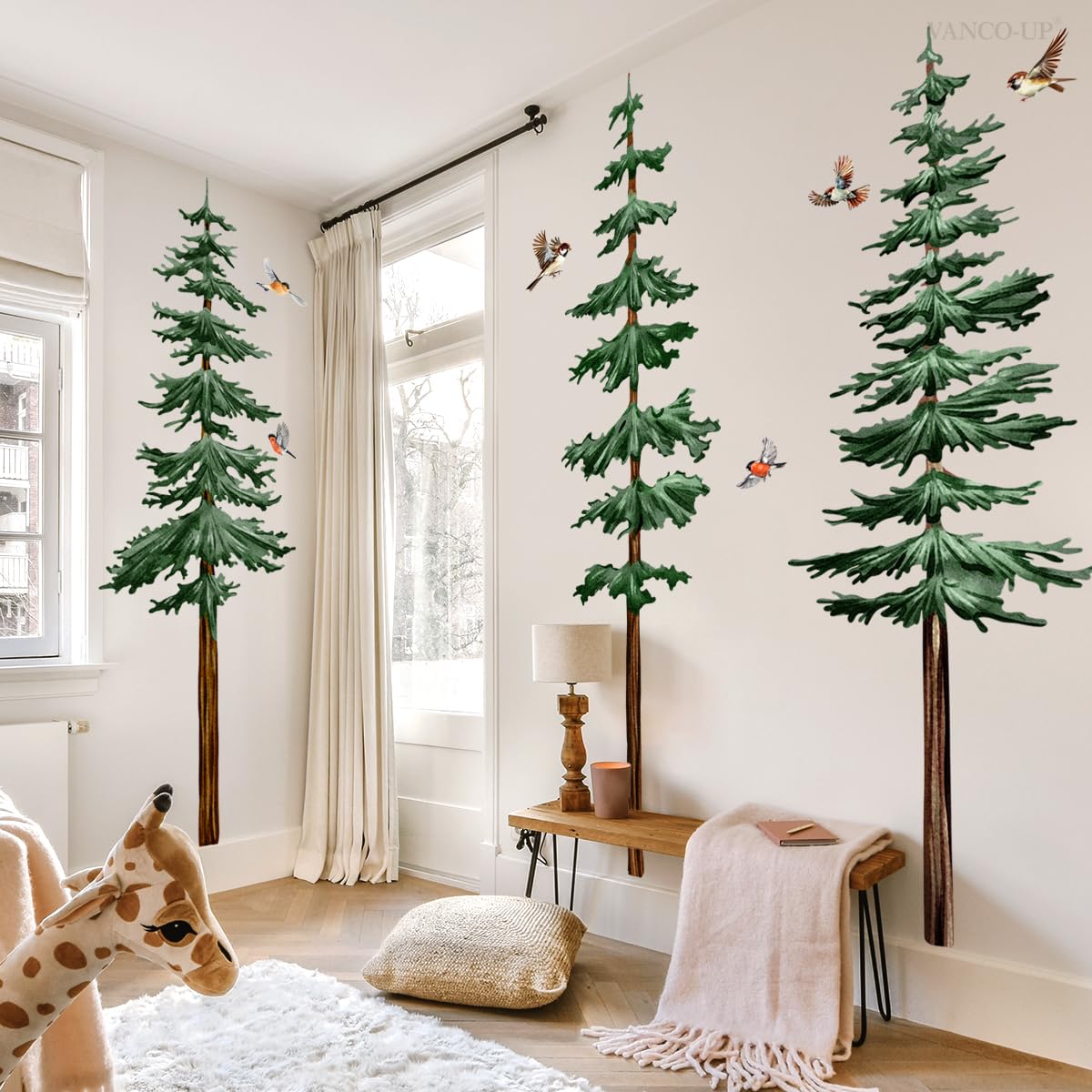Lilacanthara birds on pine trees wall mural adds playful color to kids' room