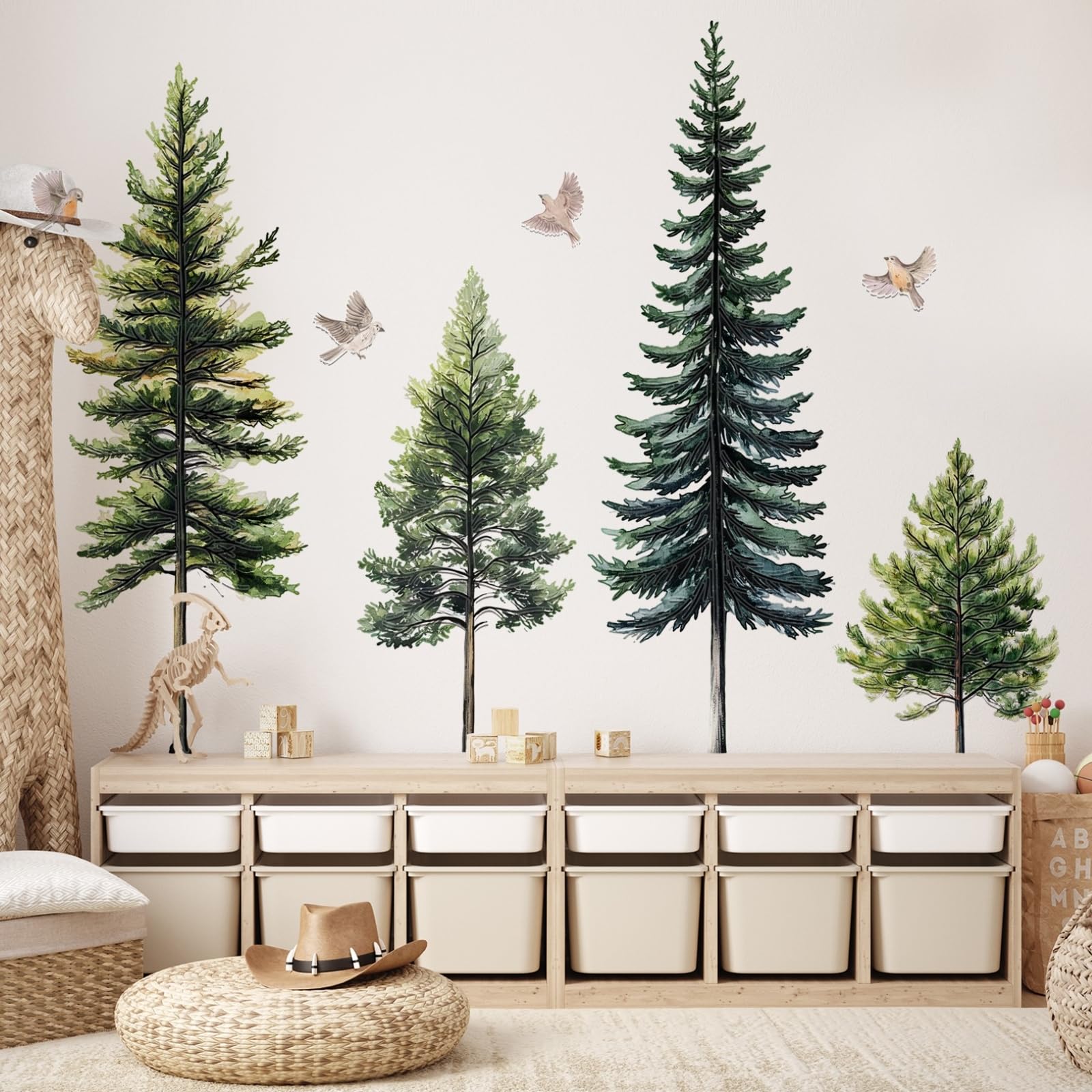 Lilacanthara watercolor pine tree decal features lush greens to enhance bedroom mood.