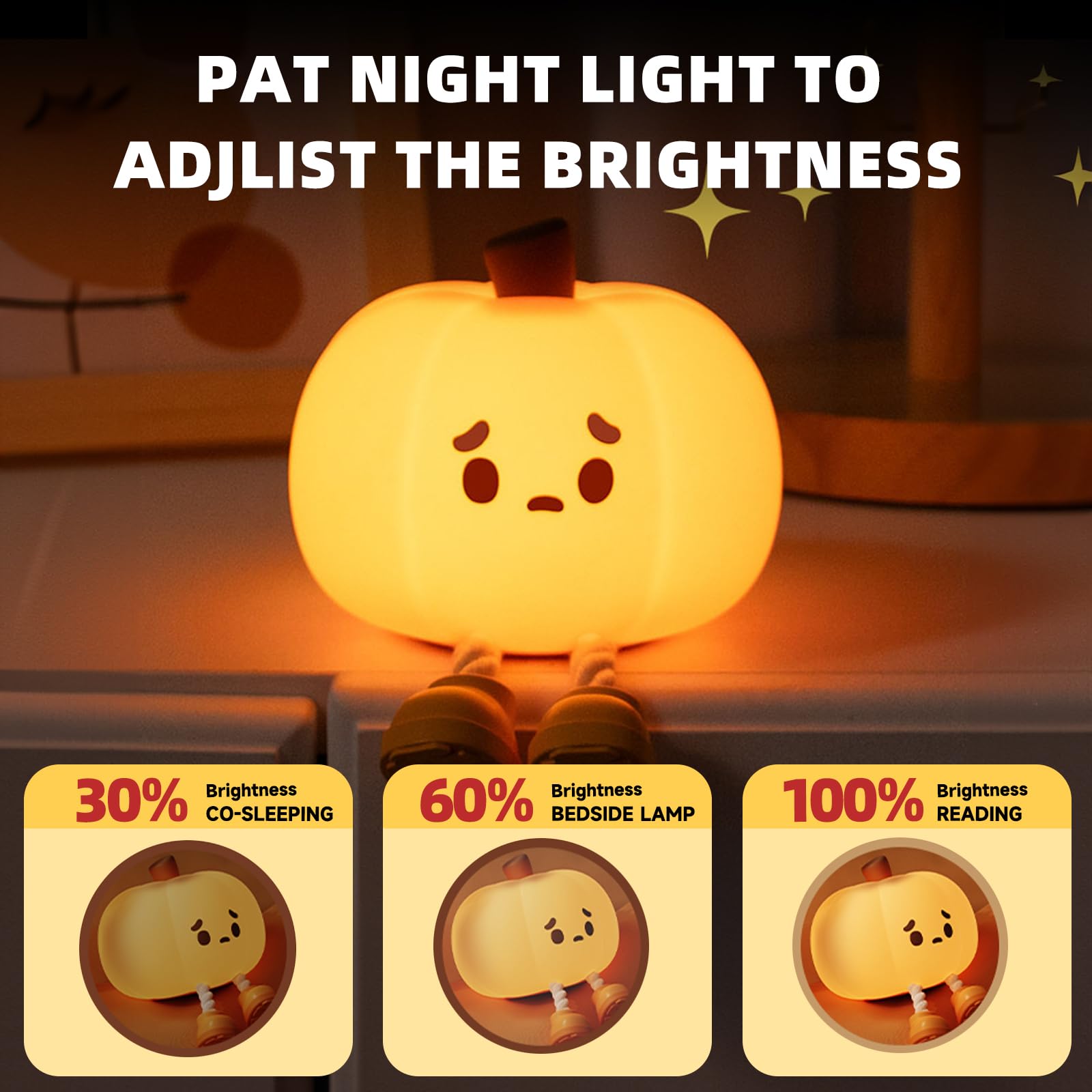 Lilampts Pumpkin Night Light top tap control showcasing adjustable brightness