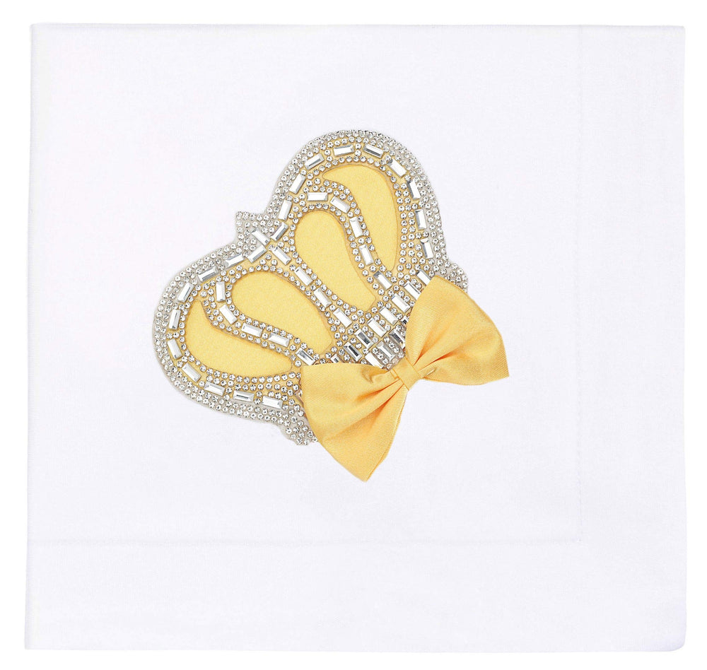 Lilax baby girl newborn jewels crown swaddle blanket yellow, stone-detail closeup emphasizes elegant accents.