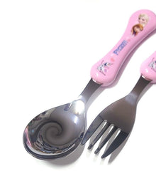 Lilfant Frozen Elsa spoon and fork pink set shown for family dining and imaginative play.