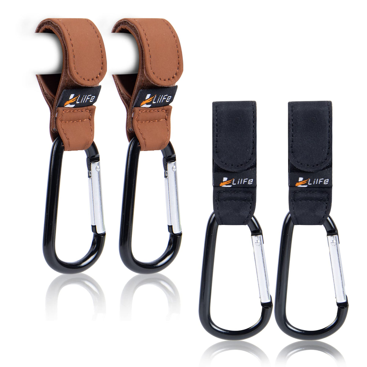 LilFe 4pack stroller hooks brown clip-on for bags and quick access