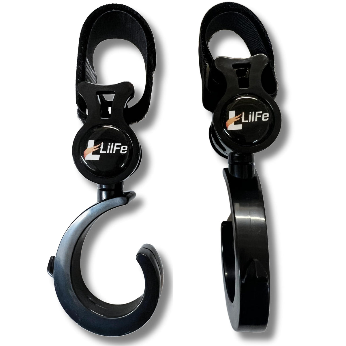 LilFe baby stroller hooks hanging for hands-free strolls.