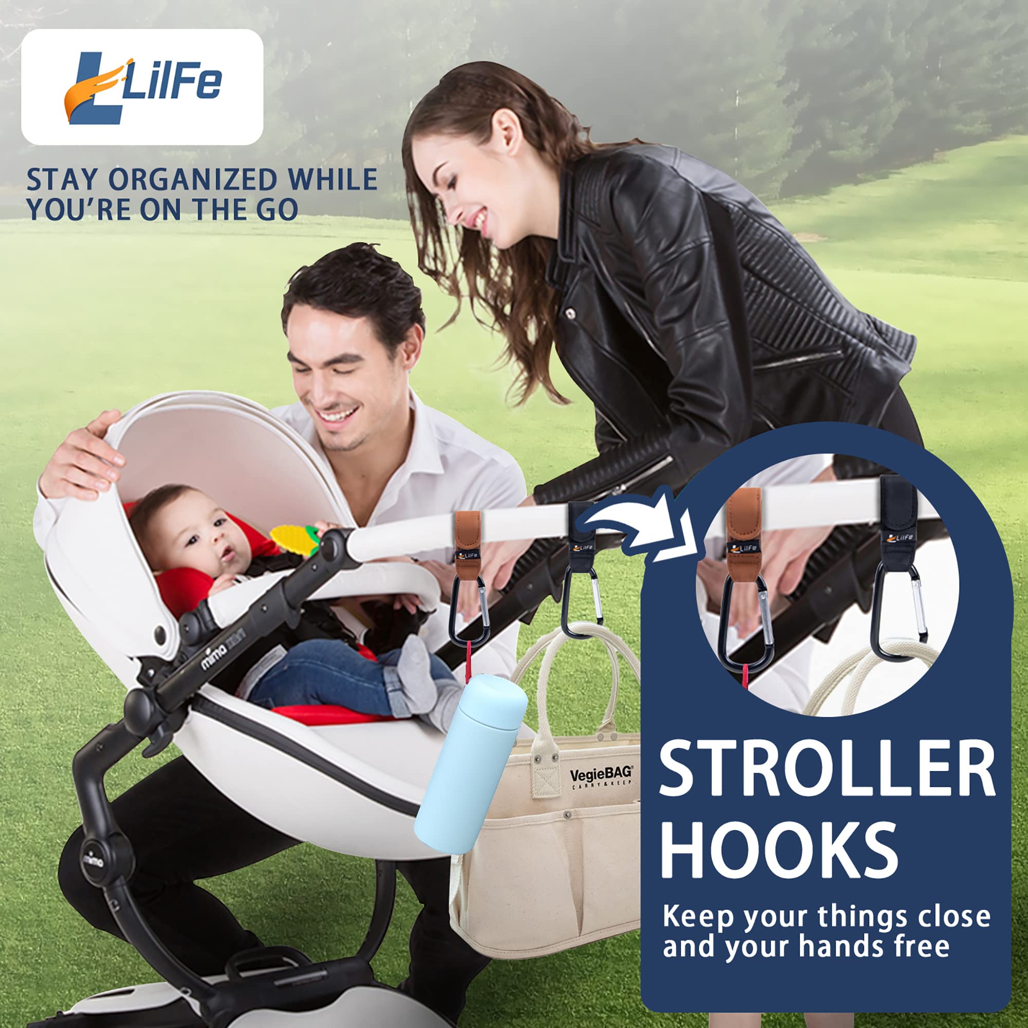 LilFe stroller hooks clip to diaper bag for quick organized outings