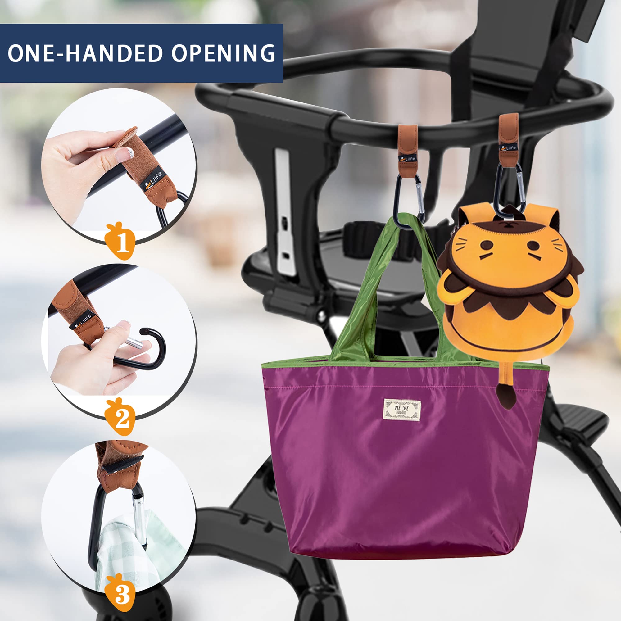 LilFe stroller hooks in use for toy hang and baby accessories