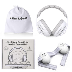 Lilian&Gema 2-in-1 baby ear muffs on plane providing noise protection for infants