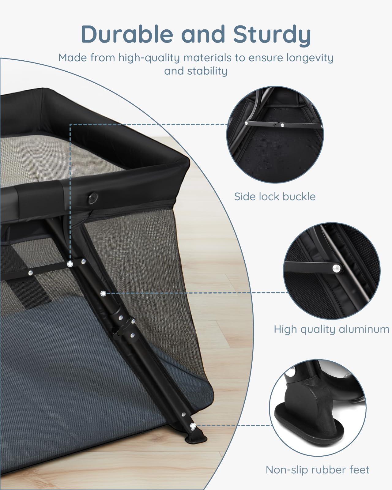 Lilian&Gema 2-in-1 travel crib front view demonstrates easy access for naps.
