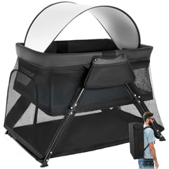 Lilian&Gema 2-in-1 travel crib side view highlights a compact, travel-ready sleep space.