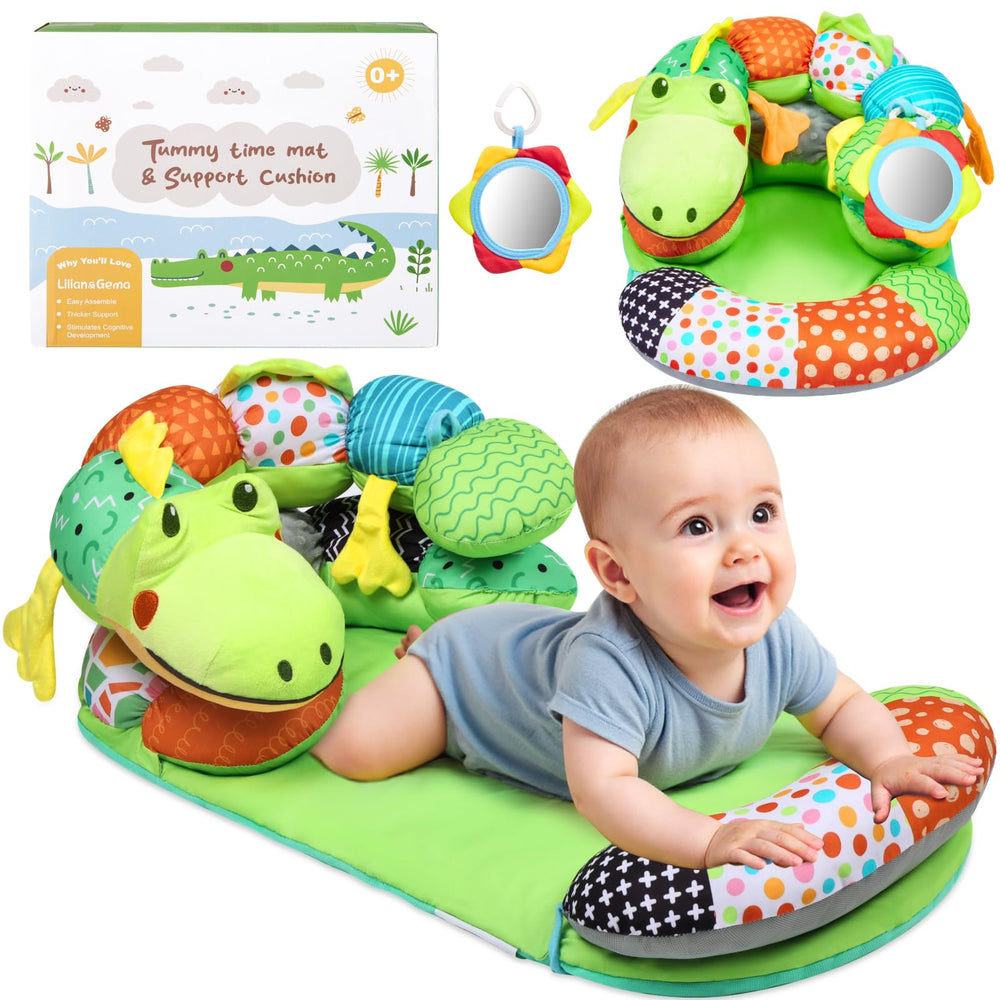 Lilian&Gema alligator tummy-time mat provides comfy support for early neck development.
