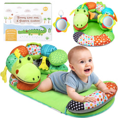 Lilian&Gema alligator tummy-time mat provides comfy support for early neck development.