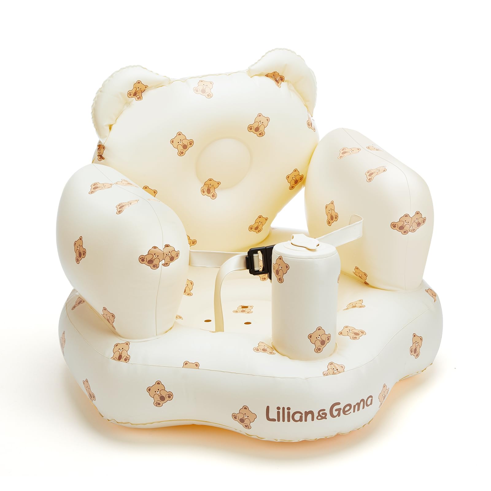 Lilian&Gema inflatable baby seat with built-in pump showing quick setup for feeding