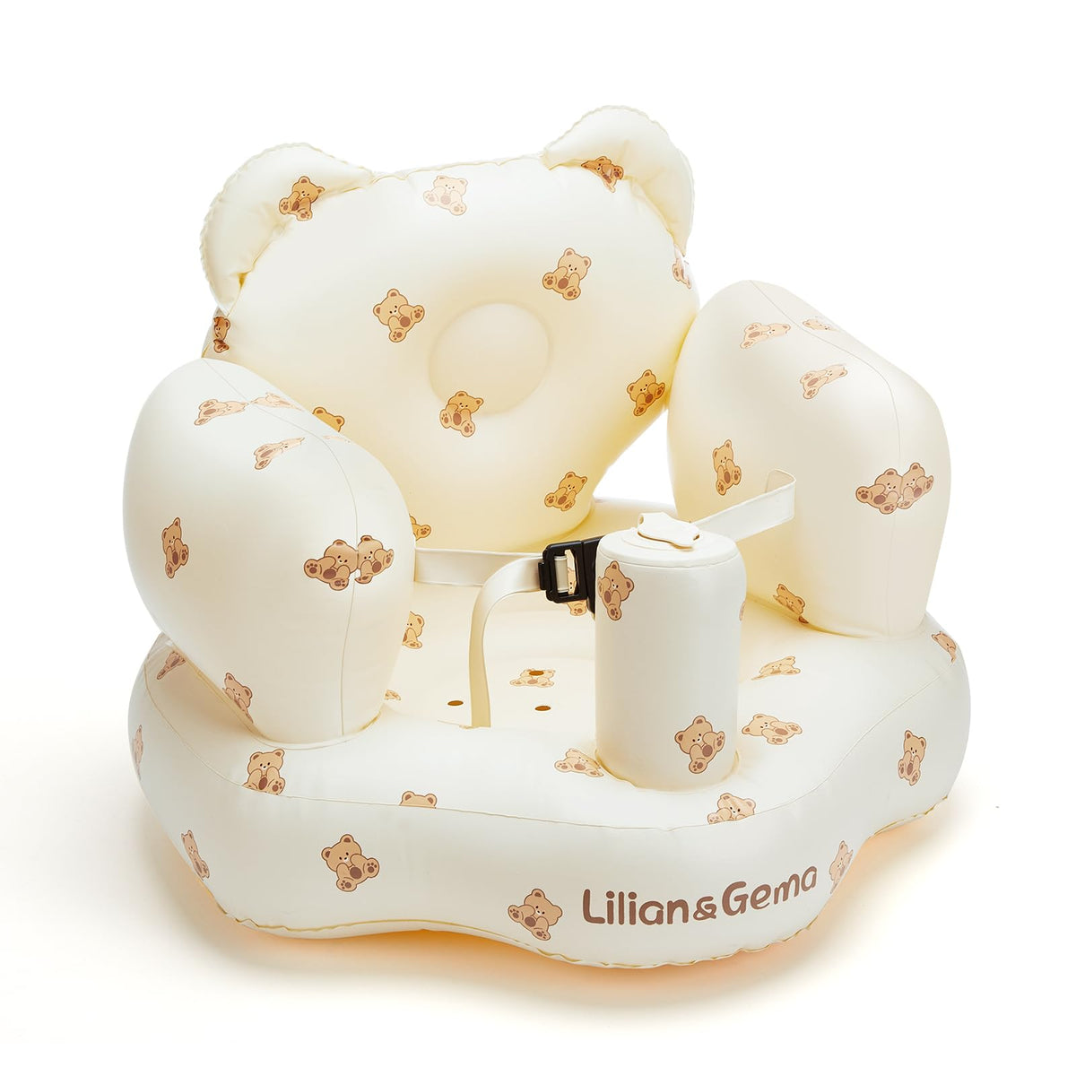 Lilian&Gema inflatable baby seat with built-in pump showing quick setup for feeding