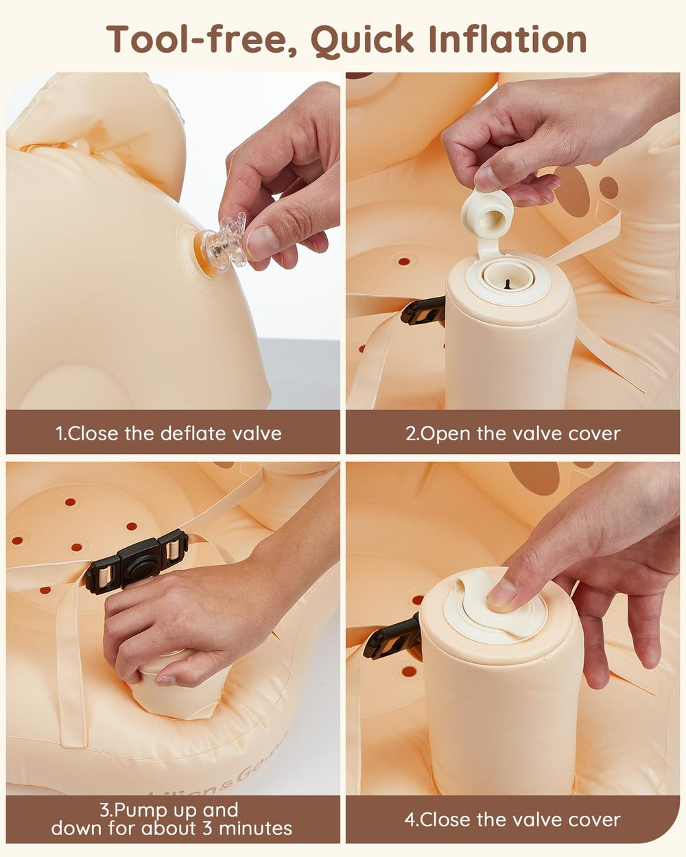 Lilian&Gema built-in pump action demonstrates quick inflation without tools.