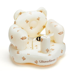 Lilian&Gema inflatable baby seat with built-in pump showing quick setup for feeding