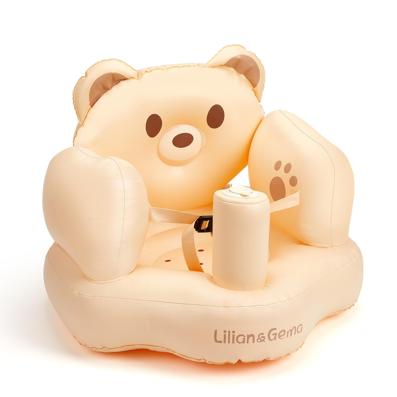 Lilian&Gema inflatable baby seat front view with soft support cushion for growing babies.