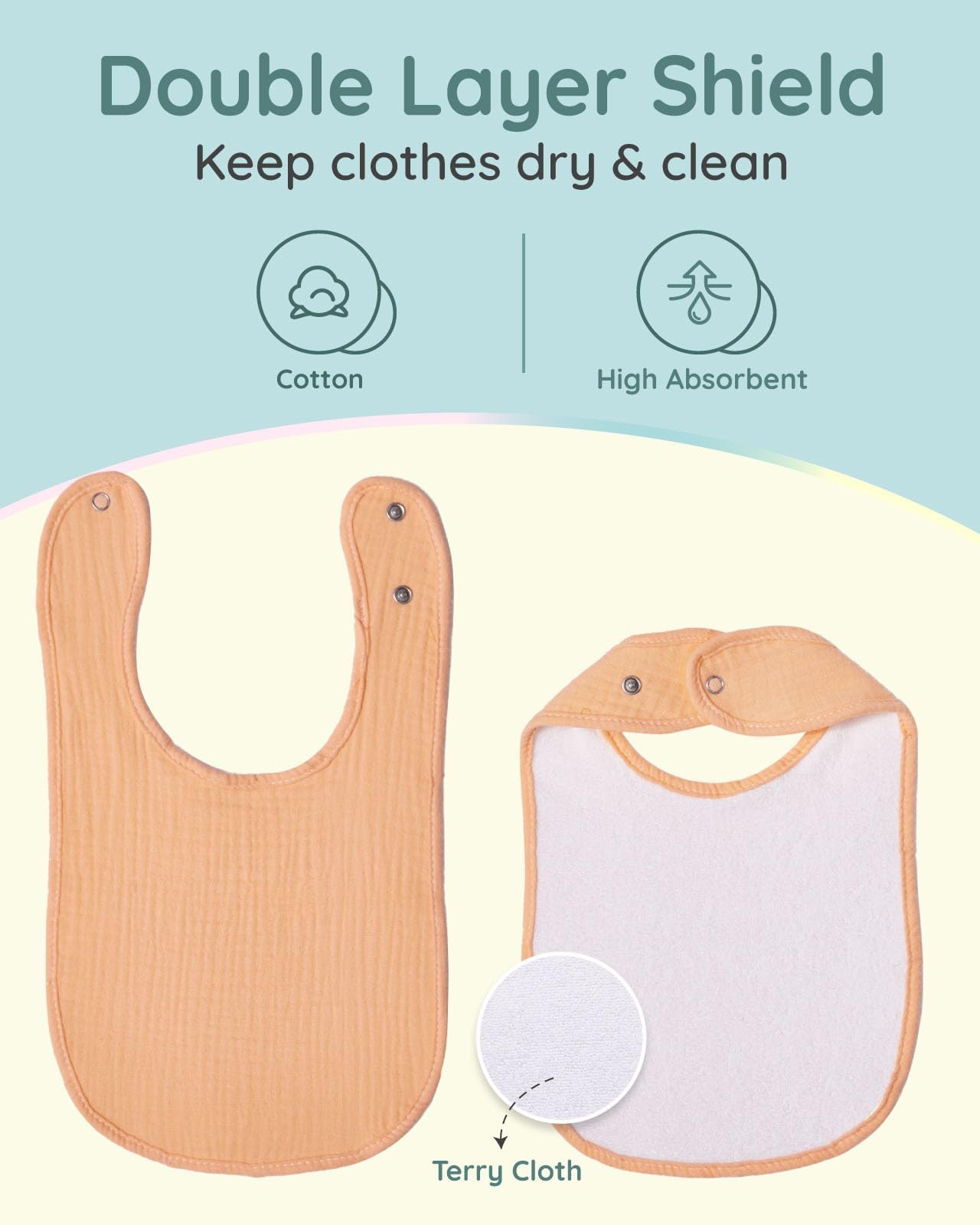 Lilian&Gema muslin baby bibs adjustable snaps close-up highlights secure neck fit.